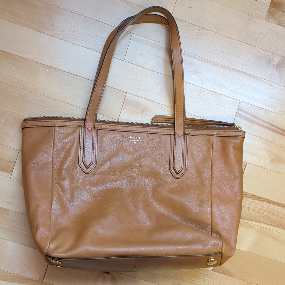 Fossil Cognac Leather Zip-Top Tote